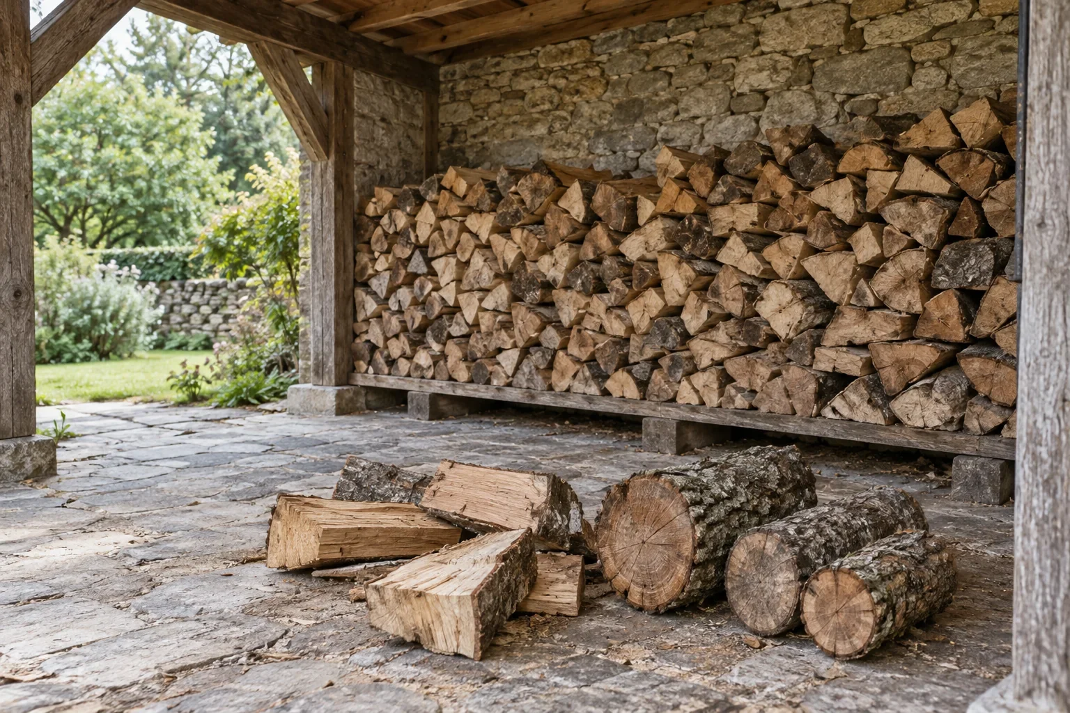 Bûches et rondins rangés sous un abri en bois.