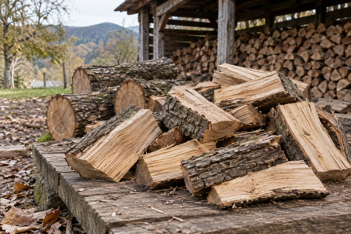 Quartiers et rondins de châtaignier préparés pour le bois de chauffage devant un abri rural