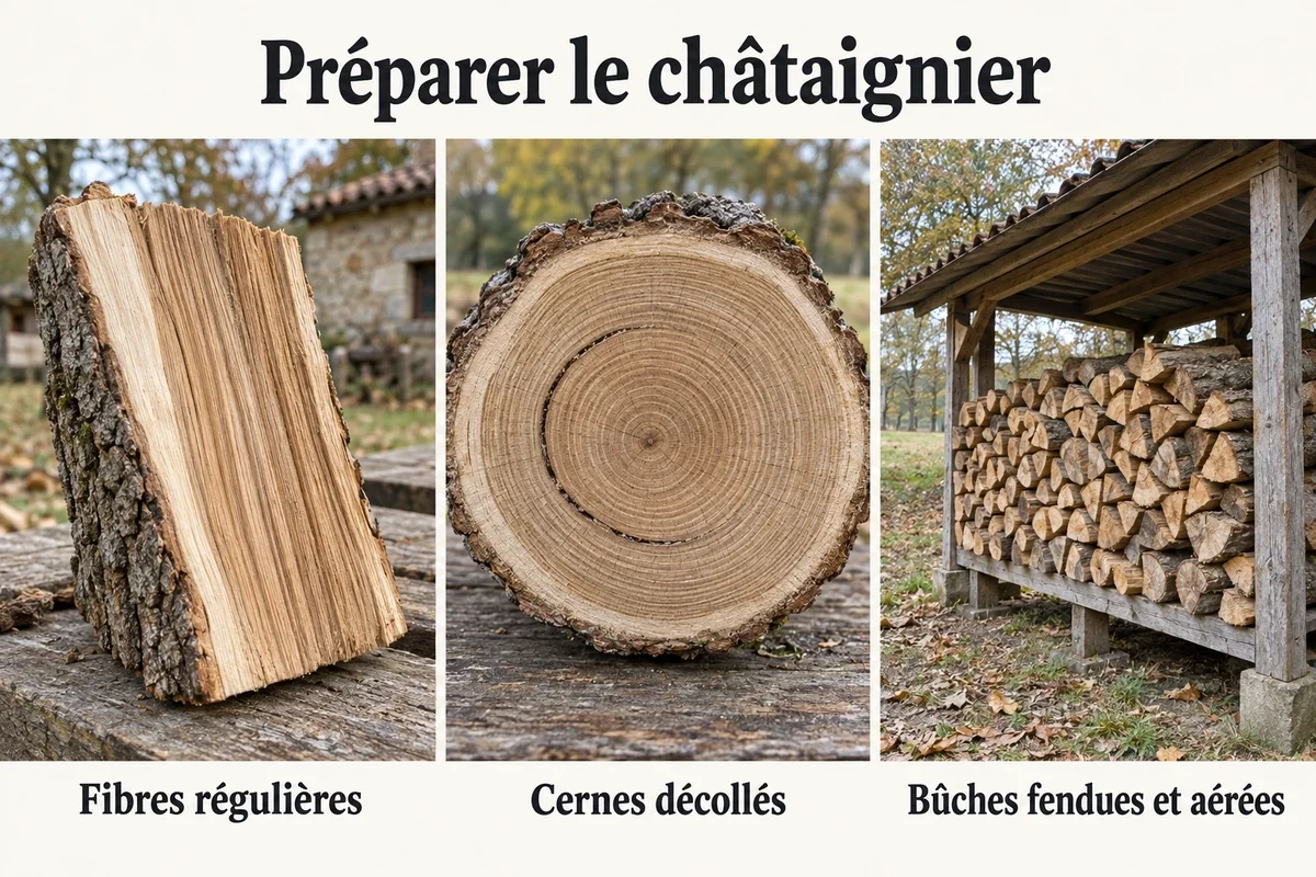 Châtaignier au fil régulier, rondin avec cernes décollés et quartiers rangés sous un abri ventilé