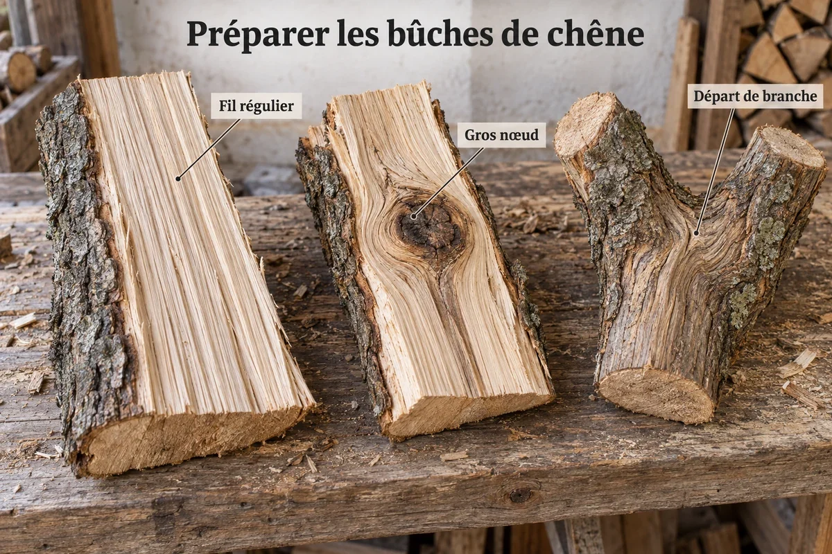 Illustration de trois formes de chêne : fil régulier, gros nœud et départ de branche.