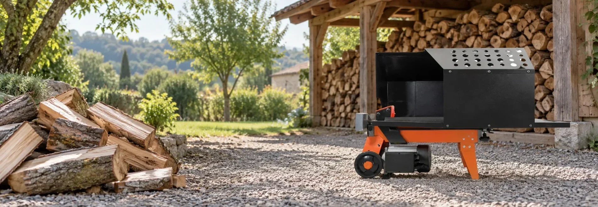 Fendeuse électrique à l’arrêt devant un abri à bois, avec des bûches fendues dans un jardin.