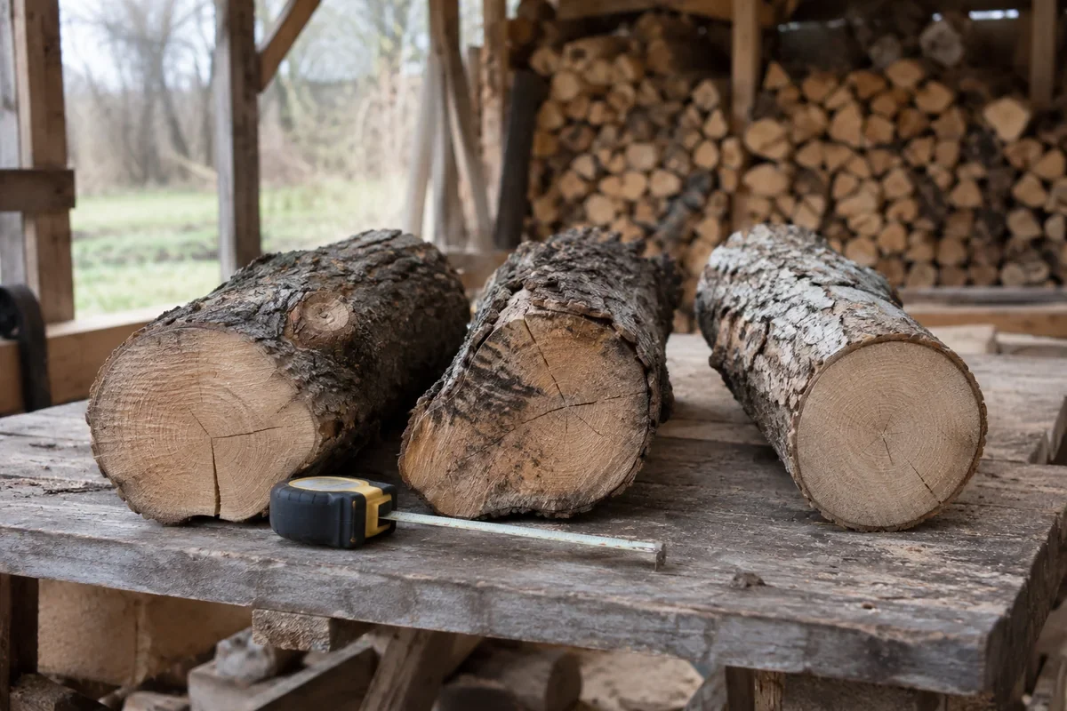 Trois rondins de bois aux fibres et aux nœuds différents, posés près d’un mètre ruban dans un abri à bois.