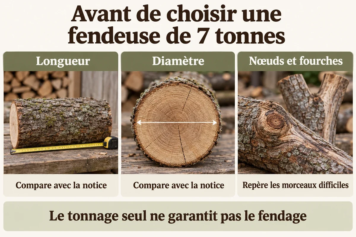 Avant de choisir une fendeuse de 7 tonnes : comparer longueur et diamètre avec la notice, puis repérer les nœuds et les fourches.