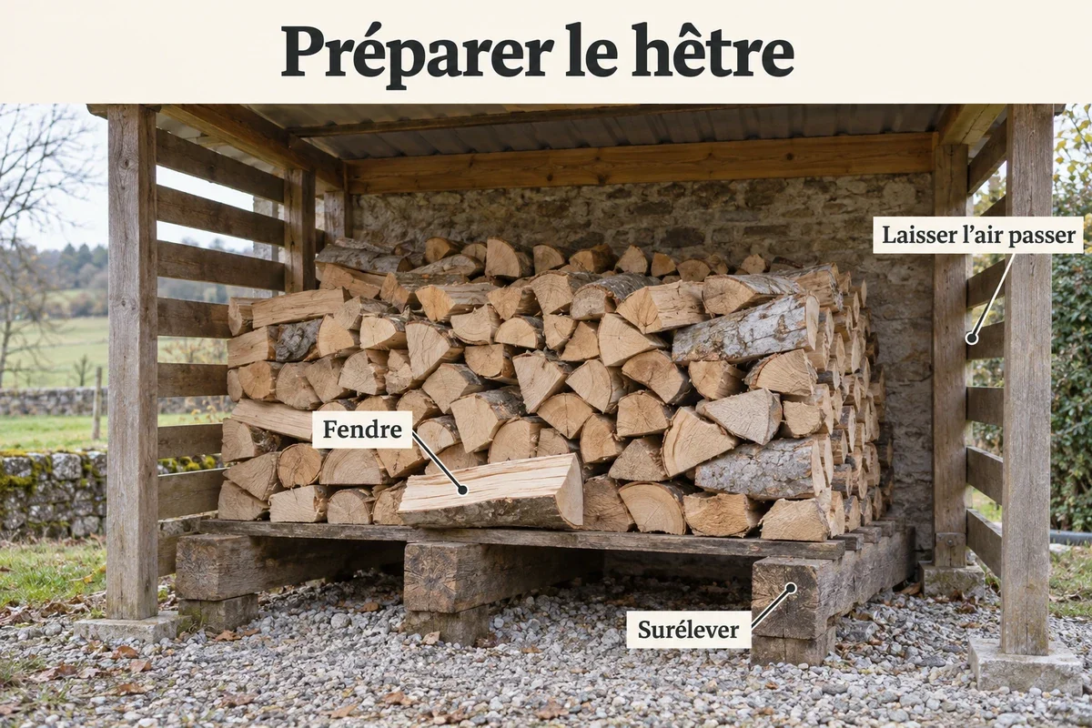 Bûches de hêtre fendues sur un support surélevé sous un toit avec les côtés ouverts pour le séchage