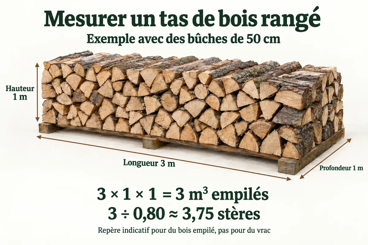 Mesure d’un tas de bûches de 50 cm sur deux rangées, long de 3 mètres, haut de 1 mètre et profond de 1 mètre