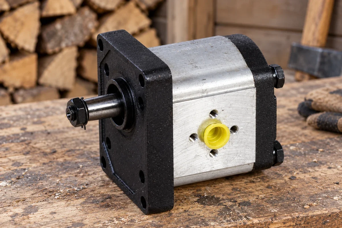 Pompe hydraulique à engrenages avec arbre d’entraînement et orifice protégé, posée sur un établi.