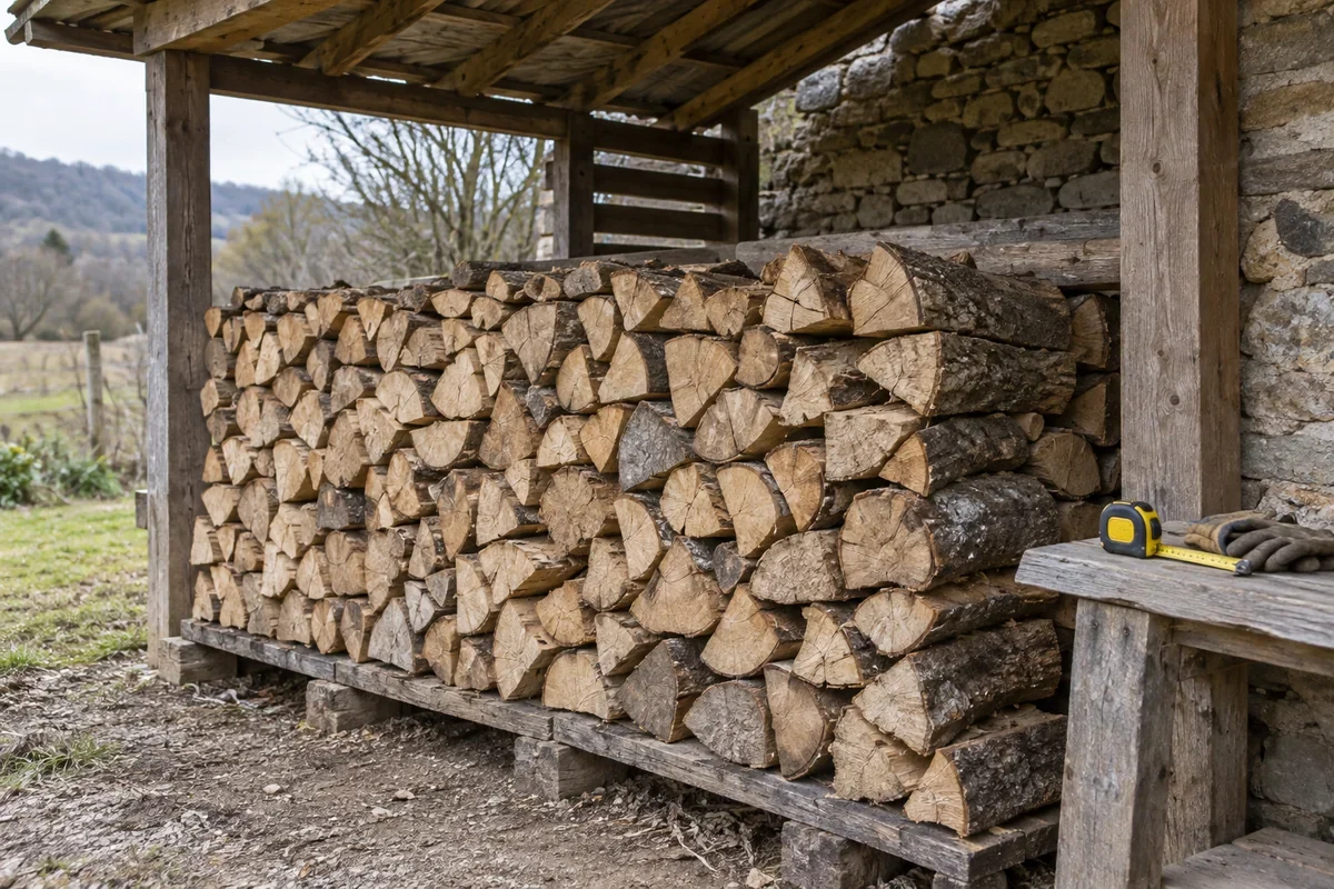 Bûches fendues rangées sous un abri ouvert avec un mètre ruban à proximité